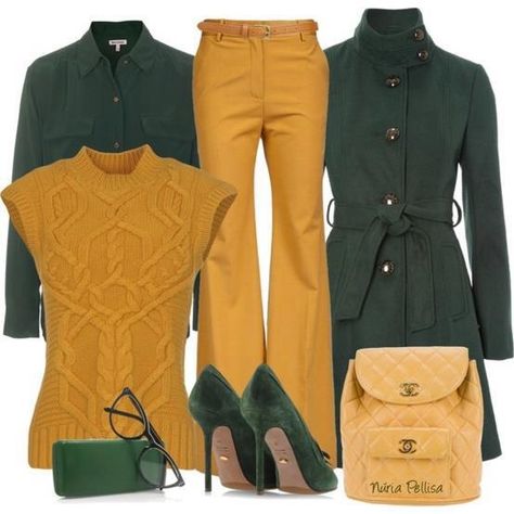 Love the mustard yellow with the green in this outfit. Green And Mustard Outfit, Colors To Wear With Mustard Yellow, Outfit Mustard, Mustard Outfits For Women, Mustard Yellow Blouse Outfit, Mustard Outfit, Mustard Yellow Outfit, Mustard Outfits, Mode Ab 50