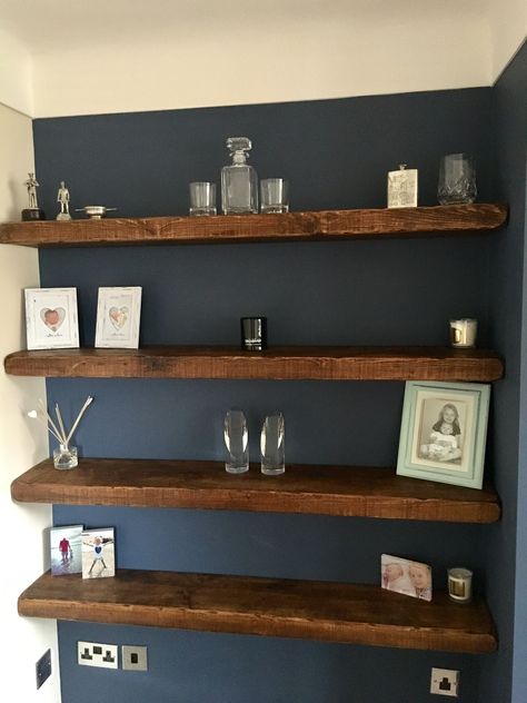 Chunky floating shelves are a great way to add something to that empty alcove without investing in a huge dresser (less to dust) and till give it that openness   These were from House Of Rustic (Amazon) Shelves Around Tv, Alcove Shelving, Long Floating Shelves, Floating Shelves Living Room, Diy Regal, Decorating House, 1930s House, Shelving Ideas, Chalet Style