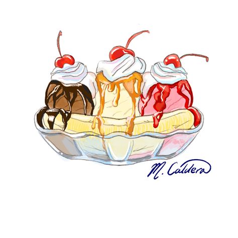 Banana split artwork procreate Banana Split Tattoo, Banana Split Drawing, Ice Cream Sundae Drawing, Banana Split Dessert Ice Cream, Ice Cream Sketch, Embroidery Journaling, Banana Sundae, Ice Cream Banana, Banana Splits Sundae