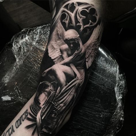 Clearer picture of this Inner bicep angel on Dan, thanks for sitting so well bro :) @worldfamousink @inkbooster @eztattooing… Religious Tattoo Sleeves, Angel Sleeve Tattoo, Biomech Tattoo, Tattoo Bras Homme, Bicep Tattoo Men, Realistisches Tattoo, Inner Bicep Tattoo, Realistic Tattoo Sleeve, Statue Tattoo