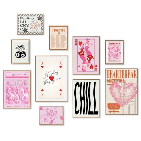 PRICES MAY VARY. 【Preppy Posters for Room】The Pink Trendy Wall Art Set has 3 different size, 5 eclectic art prints in 5x7inch(13x18cm),3 eclectic art prints in 8x10inch(20x25cm),2 eclectic art prints in 11x14inch(28x36cm),Please measure your wall careful to make sure you pick the right size.This Eclectic Wall Art is UNFRAMED,Please pay attention to it. You can prepare frames with style you like to match this wall prints;assemble and install by yourself,fully enjoy the fun of DIY. 【Preppy Room De Poster Cluster Wall, Dorm Room Wall Prints, Dorm Room Prints Wall Art, Preppy Wall Decor Ideas For Room, Colorful Prints Wall Art, Dorm Room Posters Wall Art, Apartment Living Room Wall Decor, Pink House Decor, Wall Art Layout