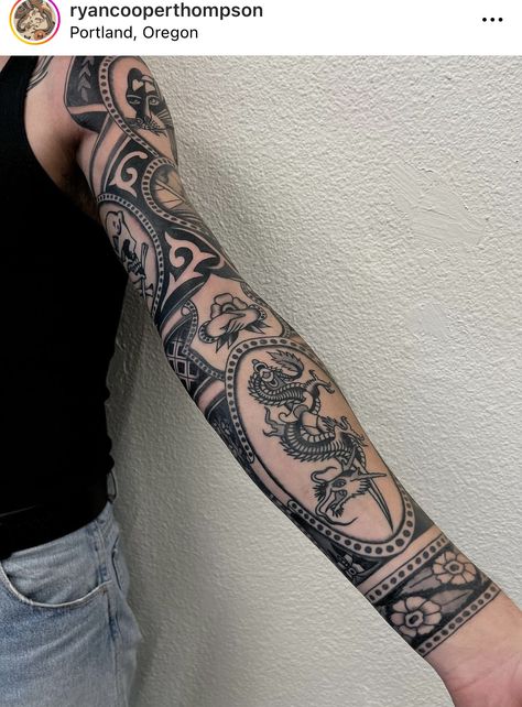 Patchwork Quarter Sleeve Tattoo, Patchwork Filler Tattoo, Sleeve Tattoo Filler Ideas, Filler Tattoo Ideas Backgrounds, Shin Tattoo, Traditional Sleeve, Tattoo Filler, Framed Tattoo, Leg Sleeves