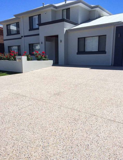 Landscape Remodel, Pebble Driveway, Exposed Aggregate Driveway, Aggregate Driveway, Driveway Pavers, Aggregate Concrete, Driveway Ideas, Exposed Aggregate, Concrete Finishes