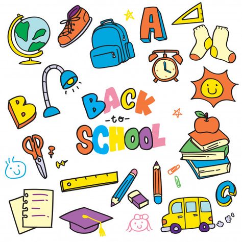 Back to school doodle clip art illustrat... | Premium Vector #Freepik #vector School Doodle, Back To School Clipart, Free Doodles, Ink Doodles, Back School, Note Doodles, Characters Inspiration Drawing, School Clipart, School Stickers