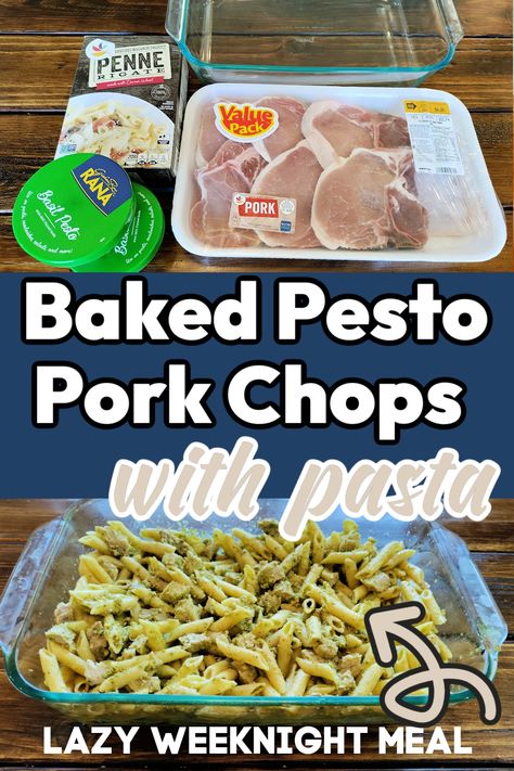 You only need 3 ingredients and a few minutes of prep time to make this baked pesto pork chops and pasta recipe. When I am feeling lazy or rushed to fix dinner, this is one of my go-to meals. Pork And Pesto Recipes, Creamy Pesto Pork Chops, Pesto Pork Chops Baked, Pasta With Pork Chops, Pork Chop And Pasta, Pork Chops Pasta, Pork Chop Pasta, Pesto Pork Chops, Pork Pasta