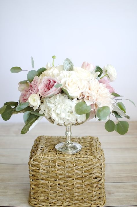 Blush and cream arrangement in a silver pedestal bowl. | by Gavita Flora #wedding #flowers Pedestal Bowl Flower Arrangement, Bowl Arrangements, Yea Party, Small Flower Arrangements, Silver Basket, Pedestal Bowl, Rose Bowl, Rose Bouquet, Flower Arrangement