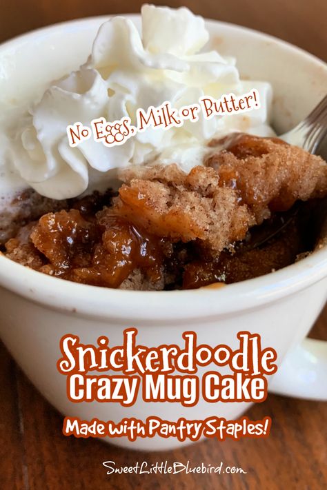 Snickerdoodle Crazy Mug Cake (No Eggs, Milk or Butter) Angel Food And Cake Mix Mug Cake, Bisquick Mug Cake Recipes, One Cup Microwave Cake Mug Recipes, Single Serve Cake In A Cup, Baking For One Person, 1 2 3 Cake In A Cup, Easy One Bowl Desserts, Mug Cake Box Mix Recipe, Mug Cake For One