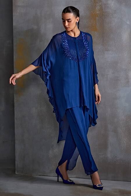 Buy Blue Textured Georgette Embroidery Cordelia Embellished Tunic Pant Set For Women by Namrata Joshipura Online at Aza Fashions. Jaal Embroidery, Fabric Textured, High Low Tunic, Prussian Blue, Blue Texture, Tunic Pattern, Pattern Embroidery, How To Hem Pants, Pakistani Dress Design