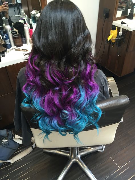 Teal And Magenta Hair, Mermaid Tips Hair, Mermaid Hair Highlights, Vivid Hair Color Underneath, Balayage Vivid Color, Blue And Purple Streaks In Hair, Turquoise And Purple Hair, Purple Teal Hair, Pink And Teal Hair