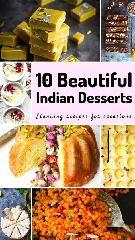 In this collection of 10 Beautiful Indian Desserts for Celebrations, you’ll discover milk sweets, gulab jamun, kheer, rasmalai and more. Incredible Indian recipes that were made for sharing. Make them for festivals, special occasions and more. Each one is hand-picked to please a crowd. Try one for Diwali, Ramadan, Rakshabandhan or for parties. Some of these Indian desserts are even perfect for gifting to friends and family. #indiandesserts #indiansweets #indianrecipes Indian Dessert Ideas, Traditional Indian Desserts, India Dessert Recipes, Southern Indian Recipes, Indian Deserts Easy, Indian Inspired Desserts, Indian Food Recipes Dessert, Indian Food Dessert, Indian Desserts Recipes