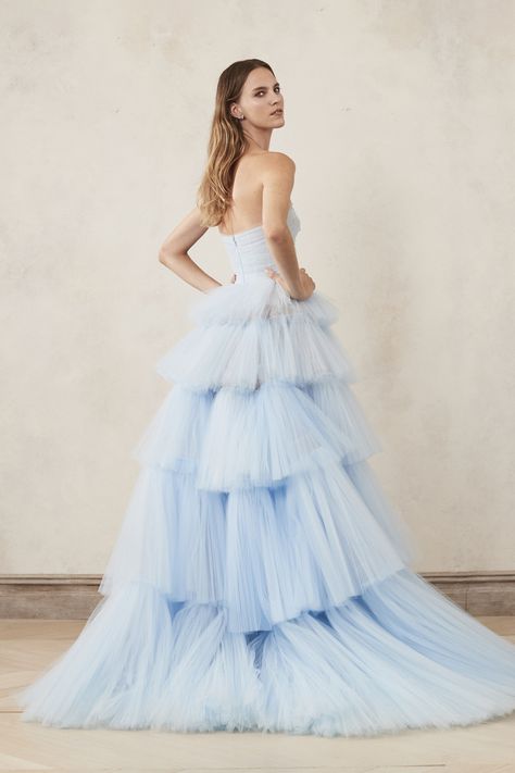 Bustier Strapless Ball Gown With 5 Layers Of Ruffled Tulle by OSCAR DE LA RENTA for Preorder on Moda Operandi Blue Strapless Spring Gown, Blue Strapless Tulle Evening Dress, Luxury Floor-length Strapless Tulle Dress, Luxury Blue Tulle Corset Dress, Luxury Blue Strapless Floor-length Dress, Gaun Tulle, Blue Corset, Blue Tulle, Blue Gown