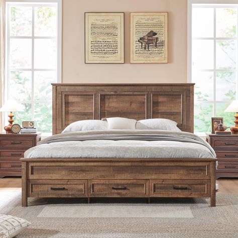 PRICES MAY VARY. Exquisite Farmhouse Character: Elevate your bedroom with this rustic-inspired king size wood panel bed frame, designed with small crown molding and artistic window framed accent, A weathered antique white finish offers a natural wood grain that matches many color palettes and decor, invoking the feel of a quaint and casual cottage escape. 52" Luxury Full-Panel Tall Headboard: This Rustic Wood king size bed frame is specially designed to provide the best comfort after a long day. Bedframe With Storage, Wooden Panel Bed, King Size Bed Master Bedrooms, Wood Headboard Bedroom, Wood Panel Bed, Farmhouse Bedroom Furniture, Farmhouse Headboard, Headboard Wood, Queen Size Bed Frame