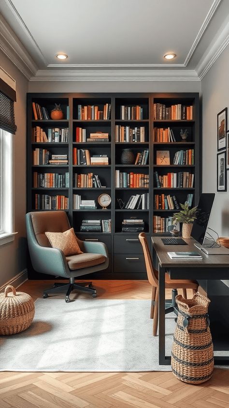 Design a masculine office featuring leather chairs, dark wood furniture, and strong, clean lines. Men’s Study Decor, Office Interior Design Masculine, Cozy Den Office Space, Men Office Space, Office Space Set Up, Home Office Design Masculine, Cozy Office Space With Couch, Mens Bedroom Office, Office Ideas Moody