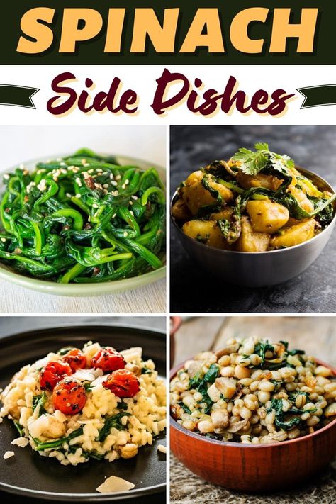 Serve these spinach side dishes to add a dose of nutrition to your meals! From casserole to potatoes to stir-fry, spinach sides go with just about everything. Sides With Spinach, Easy Spinach Side Dishes, Fresh Spinach Side Dish Recipes, Spinach Recipes No Dairy, Spinach Side Dishes, Spinach Potato Side Dish, Spinach And Rice Side Dishes, Spinach Sides, Spinach Side Dish Recipes