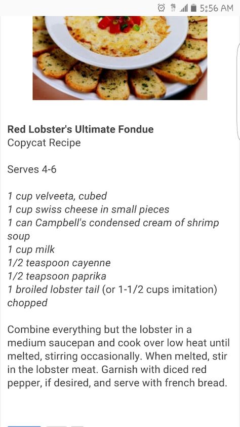 Red Lobster Seafood Fondue, Red Lobster Seafood Dip, Red Lobster Fondue Recipe, Lobster Fondue, Seafood Fondue, Lobster Appetizers, Lobster Dip, Red Lobster Restaurant, Pizza Sandwich Recipe