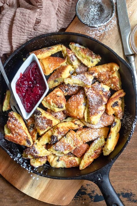 Kaiserschmarrn Recipe - (Austrian Shredded Pancake) - The Foreign Fork Austrian Desserts, German Breakfast, European Breakfast, Plum Preserves, Swiss Cuisine, Austrian Recipes, Mothers Day Breakfast, Brunch Restaurants, European Recipes