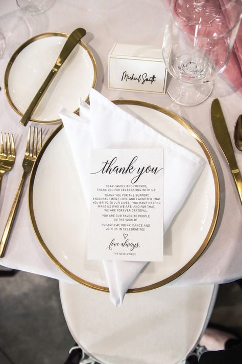 A gold rimmed plate makes the perfect decor piece for your tables at your wedding reception. Add a personalized thank you card for your guests. A blush tablerunner was added for a pop of color. White, blush, and gold wedding theme. Wedding Plates Ideas, Blush And White Wedding, Plated Dinner, Blush And Gold Wedding, Gold Wedding Theme, Colors Wedding, Wedding Plates, Chandelier Decor, Indoor Ceremony