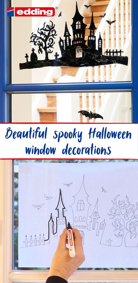 Along with pumpkin displays, ghostly ghouls and spiders��’ webs, this haunted house window decoration is a must for your home at Halloween. You could put it on your front door, for example, and get your visitors in the mood for some scary fun as soon as they arrive. Or put it on the windows of your kids’ bedrooms – they’ll love having this fantastic picture which they can add to by drawing little bats and ghosts for extra excitement. Fall Window Drawing Ideas, Halloween Window Drawing, Halloween Window Painting Ideas, Make A Haunted House, Halloween Window Art, Halloween Windows, Spooky Craft, Feature Window, Spiders Webs