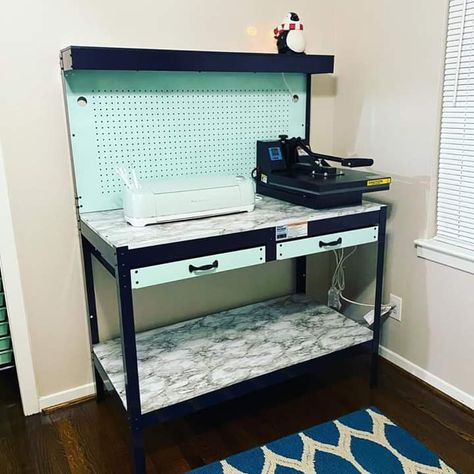 Heat Press Desk Ideas, Cricut Setup Room Ideas Diy, Cricut And Heat Press Work Station, Sublimation Craft Room Ideas, Sublimation Craft Room Setup, Sublimation Office Ideas, Mobile Craft Station, Sublimation Room Setup, Heat Press Table Ideas