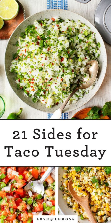 Wondering what to serve with tacos? We've got you covered! These 21 sides to go with tacos are perfect for Cinco de Mayo, Taco Tuesday, or any taco night. | Love and Lemons #tacotuesday #tacos #glutenfree #sidedish #healthyrecipes Taco Ingredients Ideas, Tacobar Party, Taco Tuesday Ideas, Mexican Sides, Sides With Tacos, Taco Tuesday Recipes, Taco Side Dishes, Mexican Side, Gourmet Tacos