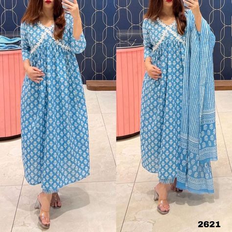 ₹949 *Aaliya cut with pant cotton dupatta 3pcs sut 💯* *NEW-MRP-949 free shipping* Fh *Beautiful Kurtis full flair kurti with beautiful work on yoke Paired with pant and beautiful Cotton fabric duppatta* *Size 38 40 42 44* *ANARKALI KURTI LENGTH -48* *PANT LENGTH -39* *DUPTTA COTTON LENGTH ... Summer Gown, Simple Kurti Designs, Anarkali Kurti, Kurti Set, Printed Dupatta, Cotton Kurti Designs, A Line Kurta, Kurtis With Pants, Cotton Kurti