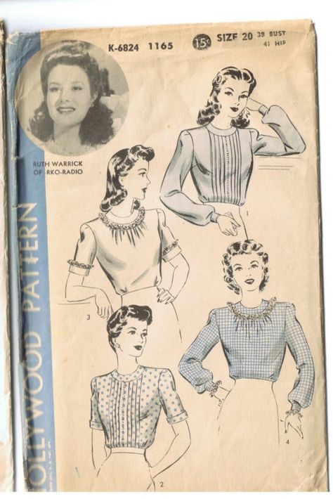 VINTAGE 1930s Ladies Blouse featuring Ruth Warwick by DesignerKy, $15.00 Boho Sewing, Vintage Blouse Pattern, Land House, 1940s Blouse, Hollywood Vintage, Patron Vintage, Clothing Reference, Fashion 1940s, Elegant Gowns