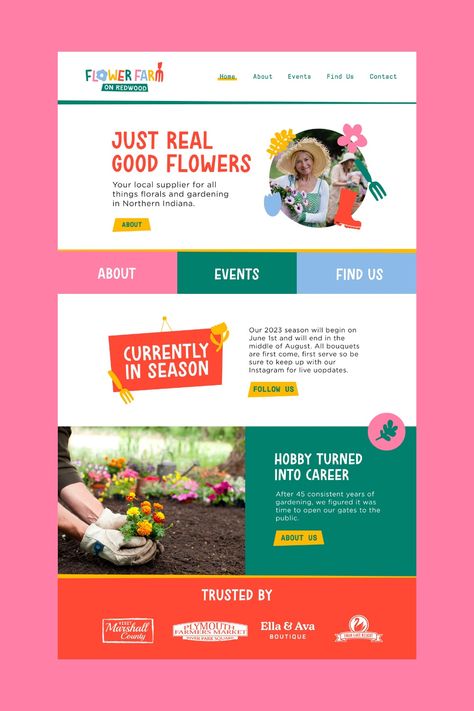 This homepage website design, created for Flower Farm on Redwood, is bright and fun and matches their branding all around. Using their garden doodles to compliment imagery and graphics helps add unique touches to this website design. Nice Website Design, Stationery Website Design, Website Banners Design, Art Website Design Layout, Site Internet Inspiration, Website Homepage Design Layout, Site Internet Design, Library Website Design, Kids Website Design