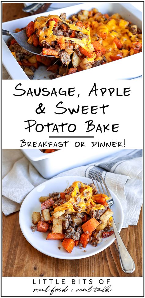 Sausage, Apple & Sweet Potato Bake - Little Bits of... Sweet Potato Apple Sausage Casserole, Sweet Potato Apple Breakfast Bake, Sausage Sweet Potato Casserole, Sweet Potato And Italian Sausage, Sweet Potato Sausage Breakfast Casserole, Sweet Potato Sausage Casserole, Breakfast Casserole With Sweet Potatoes, Sweet Potato Sausage Hash, Apples And Sweet Potato Recipes