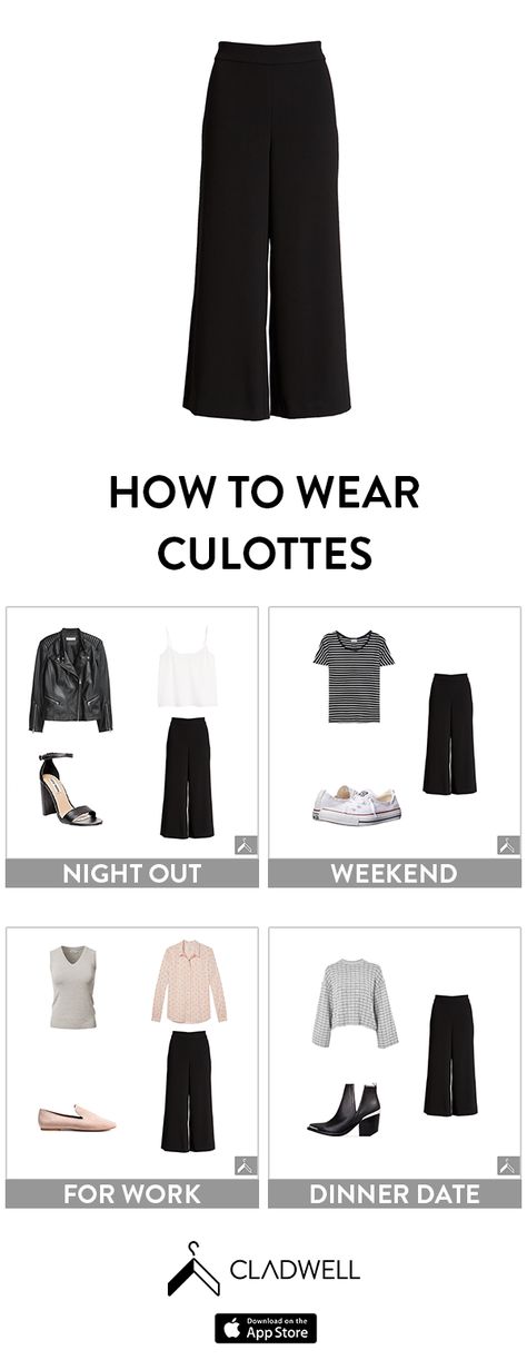 Outfit ideas for Culotte pants. From night out to work, #Cladwell has you covered. Try now using your clothes. #culottes #widelegpants #outfits Culottes Outfit Casual, Clothes Modest, How To Wear Culottes, How To Wear Flannels, Culottes Outfit, Clothing Apps, Culotte Style, How To Wear Leggings, Culotte Pants