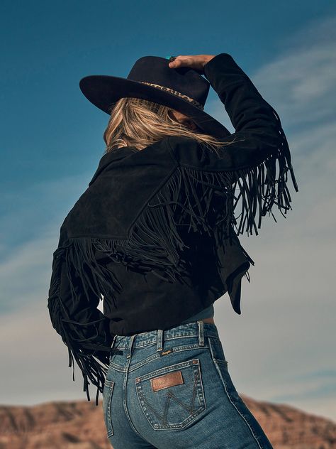 Women's Wrangler Retro® Suede Fringe Jacket Suede Fringe Jacket Outfit, Fringe Jacket Outfit, Black Fringe Jacket, Wrangler Black, Workwear Jeans, Kelsea Ballerini, Suede Fringe Jacket, Fashionably Late, Mens Workwear