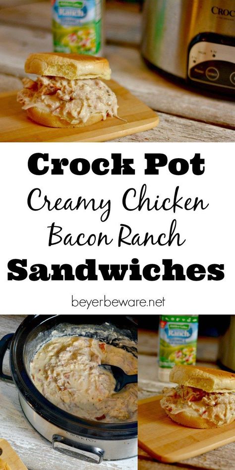 Shredded Chicken Bacon Ranch, Crock Pot Creamy Chicken, Chicken Bacon Ranch Sandwich, Shredded Chicken Sandwiches, Shredded Chicken Crockpot, Work Recipes, Crockpot Ideas, Crockpot Dinners, Ranch Recipe