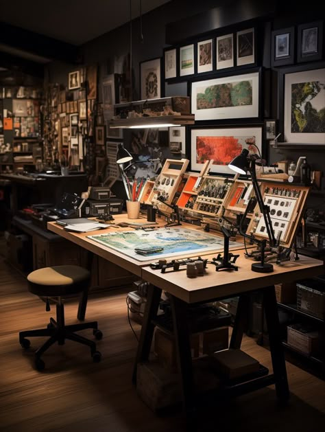 Art Studio Setup, Workshop Aesthetic, Atelier Aesthetic, Hobby Room Design, Home Art Studios, Art Studio Space, Art Studio Room, Home Studio Setup, Art Studio At Home