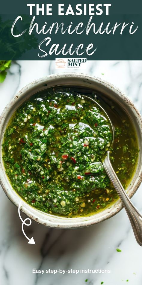 This Argentinian Chimichurri sauce is a fresh parsley and cilantro salsa that adds a garlicky kick to grilled steak, chicken, fish, and vegetables. Ready in just 10 minutes. Argentinian Chimichurri Recipe, Chimichurri Recipe Steak, Argentinian Chimichurri, Argentinian Cuisine, Chimichurri Sauce Recipe, Chimichurri Chicken, Steak And Potatoes, Chimichurri Recipe, Grilled Pork Tenderloin