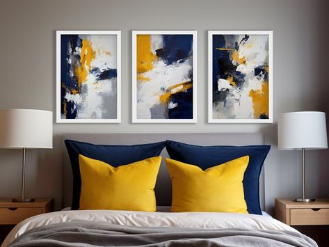 Navy Blue, Mustard Yellow, White and Grey Abstract Wall Art Modern, Contemporary, Home Decor, Print, Poster, Printable, Instant Download - Etsy Mustard Blue Living Room, Grey Blue Yellow Bedroom, Mustard Yellow And Navy Bedroom, Navy Blue And Yellow Bedroom Ideas, Grey And Mustard Bedroom, Navy And Mustard Living Room, Navy Blue And Yellow Bedroom, Blue And Mustard Living Room, Navy Blue Decor Living Room