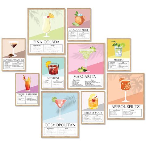 PRICES MAY VARY. CLASSY COCKTAIL ART PRINT: Add a focal point to your bar cart decor with these neat pastel cocktail prints! Each alcohol poster can fit any style, be it apartment decor aesthetic wall art, dorm wall decor, or y2k cocKtail preppy poster wall PREMIUM ALCOHOL DECOR SET includes 4 pcs classic cocktails poster 8x10", 6 alcohol pictures wall decor 4x6", and adhesive dots to hang every cocktail artwork on your cocktail theme wall art GET INTO THE SPIRITS with these cocktail decorations Trendy College Apartment, Y2k Wall Collage, Alcohol Prints, Alcohol Pictures, Recipe Pictures, Colorful Preppy, Aesthetic Drink, Set Aesthetic, Cocktail Wall Art