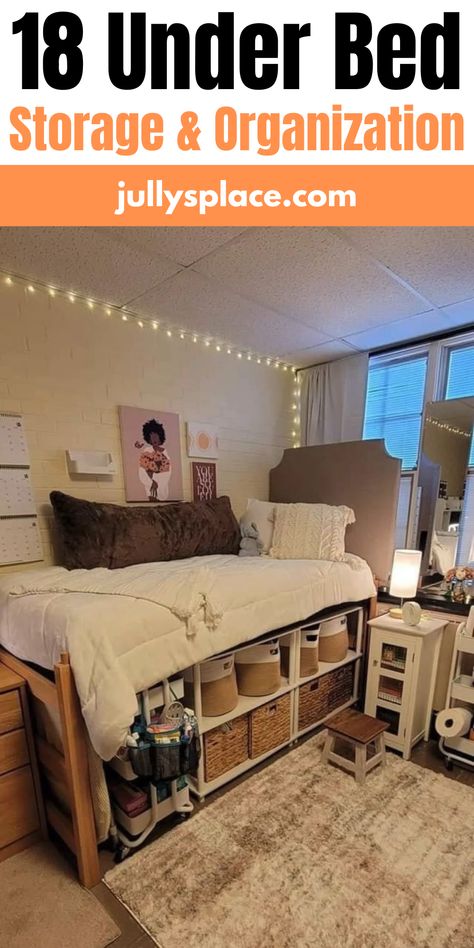 Lofted Bed Storage, Clothing Storage Under Bed, Under Bed Craft Storage, Storage Under Loft Bed Ideas, College Dorm Room Bed Ideas, High Captain Dorm Bed, Under The Bed Organization, Storage Under Dorm Bed, Under Twin Bed Storage Ideas