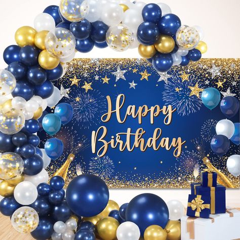 PRICES MAY VARY. 💙【Package Includes】: 116pcs balloons ,1 navy blue happy birthday backdrop and 5 balloon accessories. 💙【Navy Blue Balloon Garland】: 18in navy blue balloons*2, 12in navy blue balloons*10, 10in navy blue balloons*20，5in navy blue balloon*10, 18in gold balloons*1, 12in gold balloons*5, 10in gold balloons*10, 5in gold balloons*15, 10in white balloons*20, 5in white balloons*15, 12in gold confetti balloons*8 💙【Reliable Material】: The happy birthday decorations are made of high-quali Blue And Gold Balloon Garland, Blue Birthday Decorations, Navy Blue Birthday, Gold Balloon Garland, Gold Birthday Decorations, Boys Birthday Party Decorations, Black And Gold Balloons, Happy Birthday Backdrop, Gold Party Decorations