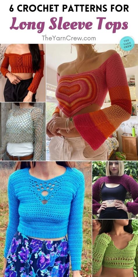 Crochet Mesh Sleeve Top, Crochet Flare Sleeve Top Pattern, Free Crochet Long Sleeve Top Patterns, How To Crochet Long Sleeve Top, Crochet Wrap Top Long Sleeve, Trendy Crochet Tops Free Patterns, Crochet Long Sleeve Shirt Free Pattern, Crochet Tops With Sleeves Free Patterns, Crochet Off Shoulder Top Long Sleeve