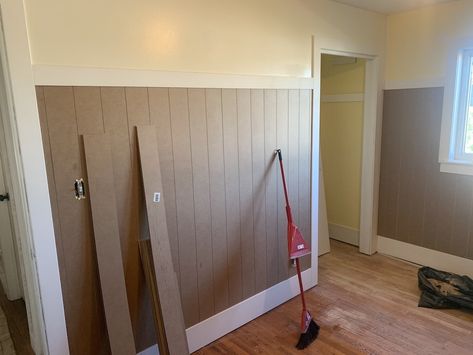 Vertical Shiplap Board And Batten, Vertical Shiplap With Shelf, Shiplap Lower Half Of Wall, Vertical Wood Shiplap Wall, Vertical Shiplap Half Wall Bedroom, Half Vertical Shiplap Wall, Shiplap Partial Wall, Vertical Shiplap Hallway, Garage Walls Covering Ideas Cheap