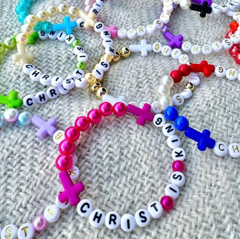 hand crafted Christ is King colorful beaded bracelet  This listing is for ONE, Christ is King beaded stretch bracelet of choice ( CHOOSE FROM DROP-DOWN MENU) made from 8 mm beads alphabet beads, stretchy string and colorful cross accent beads. PLEASE SEE DETAILS BELOW ⬇️  12 choices: *light pink with gold letters *lavender with gold letters *mermaid with gold letters *gold with gold letters *patriotic with gold letters  *blue with black letters *lime green with black letters *turquoise with black letters *sparkly black & pearl with black letters  *orange with black letters *dark pink with black letters *pale yellow with black letters  please NOTE: gold option is slightly weighted due to its material that ensures tarnish resistance  ❌if you prefer the letter bead on your bracelet color of c Christ Is King, Cross Gift, Word Bracelet, Alphabet Beads, Letter Bracelet, Fruit Of The Spirit, Jesus Is Lord, Letter Beads, Cross Jewelry