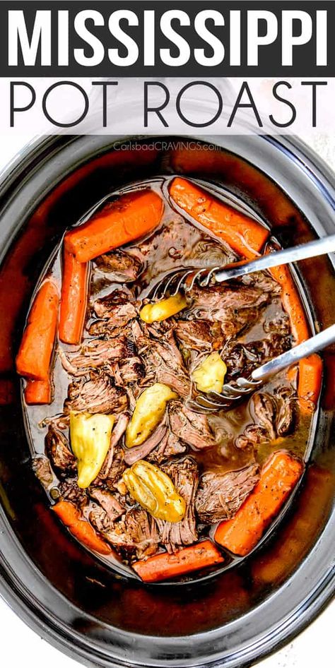 Mississippi Pot Roast - Carlsbad Cravings Mississippi Pot Roast Crockpot, Pot Roast With Carrots, Pot Roast Crockpot, Roast Crockpot, Slow Cooker Pot Roast Recipes, Pot Roast Crock Pot Recipes, Mississippi Pot, Mississippi Roast, Beef Brisket Recipes