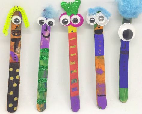 Lollie Stick Crafts, Craft Stick Puppets, Lolly Stick Crafts For Kids, Lollipop Stick Craft, Matilda Crafts, Lollypop Stick Craft, Popsicle Puppets, Lolly Stick Craft, 100 Day Project Ideas