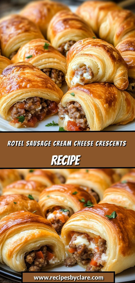 Savory, cheesy, and perfectly wrapped in crescent rolls—these easy bites are a hit at any gathering!

Ingredients:

1 can (8 oz) crescent roll dough
1 pound breakfast sausage, cooked and crumbled
1 cup cream cheese, softened
1 can (10 oz) Rotel diced tomatoes with green chilies, drained
These golden crescents are filled with a delicious blend of sausage, cream cheese, and Rotel, making them an irresistible snack or appetizer! Royal Sausage And Cream Cheese Crescents, Rotel And Cream Cheese Crescents, Stromboli Crescent Rolls, Sausage Cheese Crescent Rolls, Rotel Sausage Cream Cheese Croissant, Appetizer Recipes Using Crescent Rolls, Recipes With Dinner Rolls, Wiener Roast Food Ideas, Cream Cheese Rotelle Sausage Balls