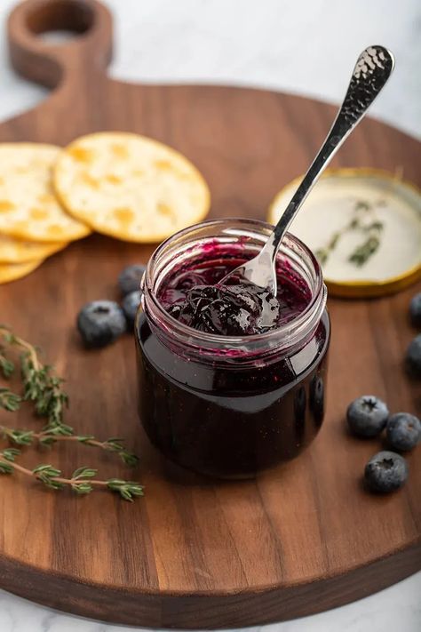 Small Batch Blueberry Thyme Jam | Sweet, lemony, & earthy. Super easy & good on yogurt, cheesecake & charcuterie board. #blueberry #thyme #jam #lemon #smallbatch #easyrecipe #breakfast #breakfastrecipe #dessert #condiment | The Missing Lokness Yogurt Cheesecake, Cottagecore Recipes, Jam And Jelly, Blueberry Jam, Plain Yogurt, Cheese Crackers, Soft Cheese, Jams & Jellies, Amazing Recipes