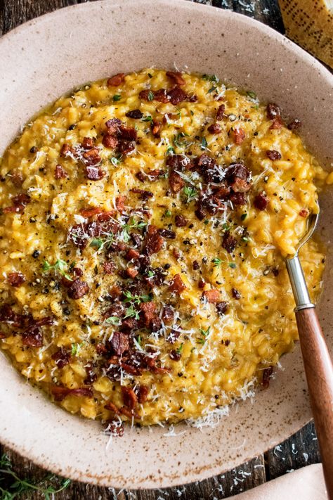 Pumpkin Bacon Risotto Recipes, Pumpkin Bacon Risotto, Fall Rissoto Recipes, Pumpkin Risotto With Goat Cheese, Autumn Main Course, The Food Babe, Pumpkin Mushroom Risotto, Autumn Dishes Recipes, Sheet Pan Dinners Fall