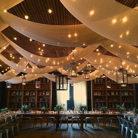 Ceiling Swag, Wedding Ceiling, Ceiling Draping, Rustic Wedding Decorations, Barn Wedding Decorations, 카페 인테리어 디자인, Bhldn Weddings, Wedding Cake Designs, The Ceiling