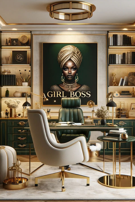 Green Gold Office Decor, Elegant Office Decor Luxury, Home Office Gold Accents, Black And Gold Office Design, Dream Home Office Luxury, Glamorous Office Ideas, Upscale Office Design, Green And Gold Room Ideas Bedroom, Emerald Green And Gold Office