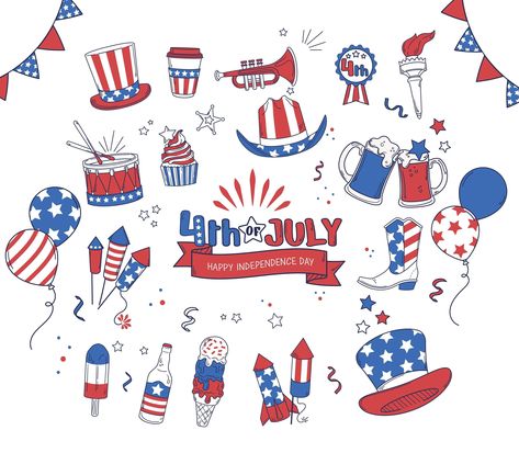 July Drawings, July Clipart, 4th Of July Clipart, Planner Doodles, Kalender Design, Patriotic Fabric, Fourth Of July Decor, Calendar Design, Rock Crafts