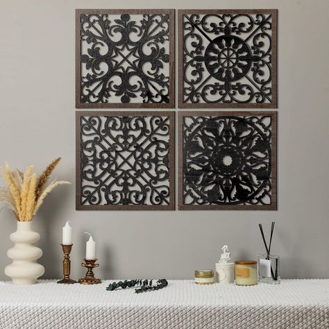 PRICES MAY VARY. Classic Design: the farmhouse wall decor for living room adopts rectangular pattern, with classic black and dark brown appearance and vintage curves to create an artistic feel, bringing a more elegant and vintage atmosphere to your space Size for Easy Display: the carved wood wall art is approx. 12 x 12 x 0.2 inches/ 30 x 30 x 0.5 cm, suitable for most families to decorate their house and it won't take up much space; What's more, it is very light and portable, so you can pick it Decorative Wood Panels, Elegant Sculpture, Dark Dining Room, Carved Wood Wall Art, Wall Decor Farmhouse, Wooden Wall Plaques, Wooden Wall Panels, Sculpture Wall, Vintage Dining Room