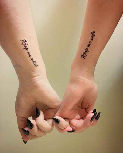 155 Best Friend Tattoos to Cherish Your Friendship (with Meanings) - Wild Tattoo Art You Keep Me Safe Ill Keep You Wild Tatto, Fun Bestie Tattoos, Best Friend Tattoos Collar Bone, Ill Keep You Safe You Keep Me Wild Tat, Tattoos To Get With Your Best Friend, Friend Tats, Small Friendship Tattoos, Tato Nama, Zwilling Tattoo